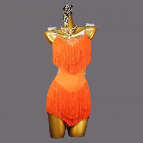 Custom size competition white orange tassels latin dance dresses for girls kids yellow fringe salsa rumba chacha performance costumes solo dancewear